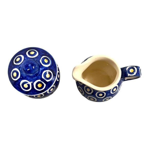 Vintage Gerlach PolkCeramic Polish Pottery Sugar & Creamer Set Blue White Circle - Picture 2 of 5